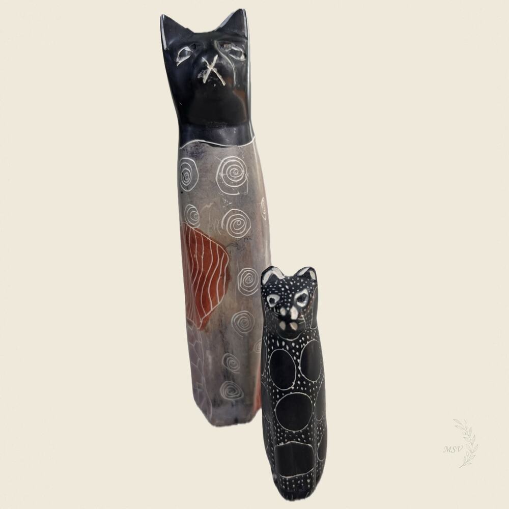 Kisii Soapstone Cat Pair Kenya Hand Carved 1990s Decor